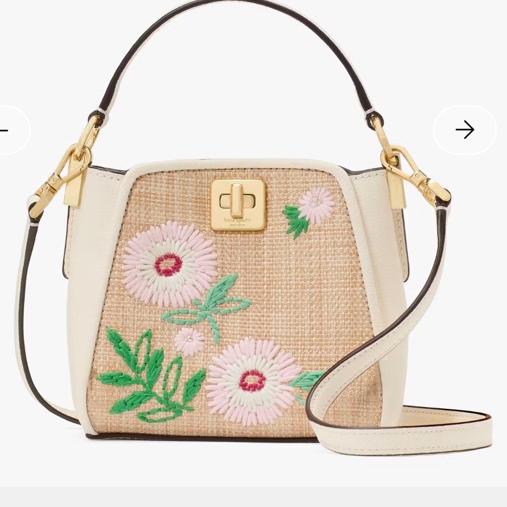 NWT Kate Spade Phoebe Floral Straw Mini Top Handle Crossbody Cream Leather